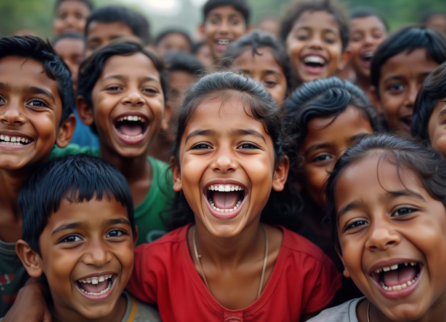 Indian children laugh happily in group outdoors. Likely students in rural primary school. Joyful expressions depict moment of togetherness, fun. Cheerful smiles represent positive carefree
